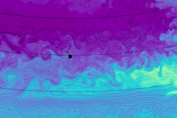 Purple and teal video still details the eddies, mapped using contour lines and color, of the North Pacific Ocean, around a tiny Hawaii, in black.