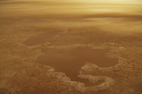 The surface of Titan, containing lake-shaped crevices.