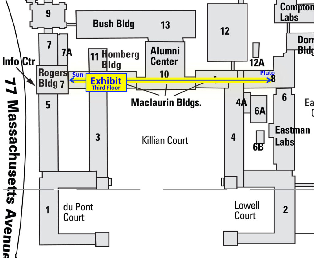 Enter Building 7 at 77 Massachusetts Avenue and take the elevators to the 3rd floor to begin the tour at the Sun, heading down the Infinite Corridor east — past Buildings 3, 11, 10, and 4 — ending at Pluto in Building 8.