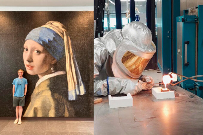 At left, Jackson Jewett stands in front of an enormous poster of Johannes Vermeer’s “Girl with a Pearl Earring” painting. At right, his features obscured by heavy protective gear, he leans over a bench and pours molten glass.