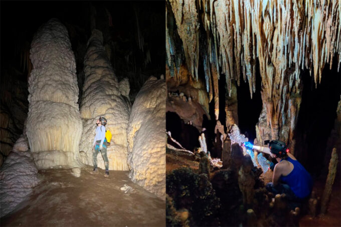 Side-by-side photos of MIT students collecting samples in a cave in Mexico.