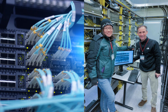 On the left, an image of fiber optic cables plugged into a data center rack. On the right, a photo of Hilary Chang and John Morgante posing by a computer set up in a room filled with wires