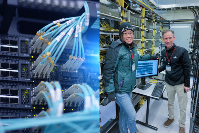 On the left, an image of fiber optic cables plugged into a data center rack. On the right, a photo of Hilary Chang and John Morgante posing by a computer set up in a room filled with wires